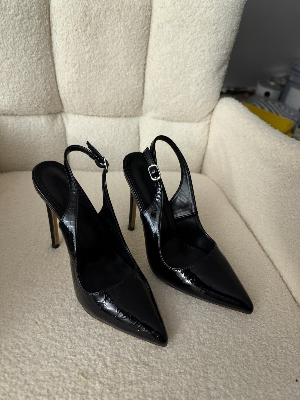 Black Patent Pointed-Toe Slingback Heels